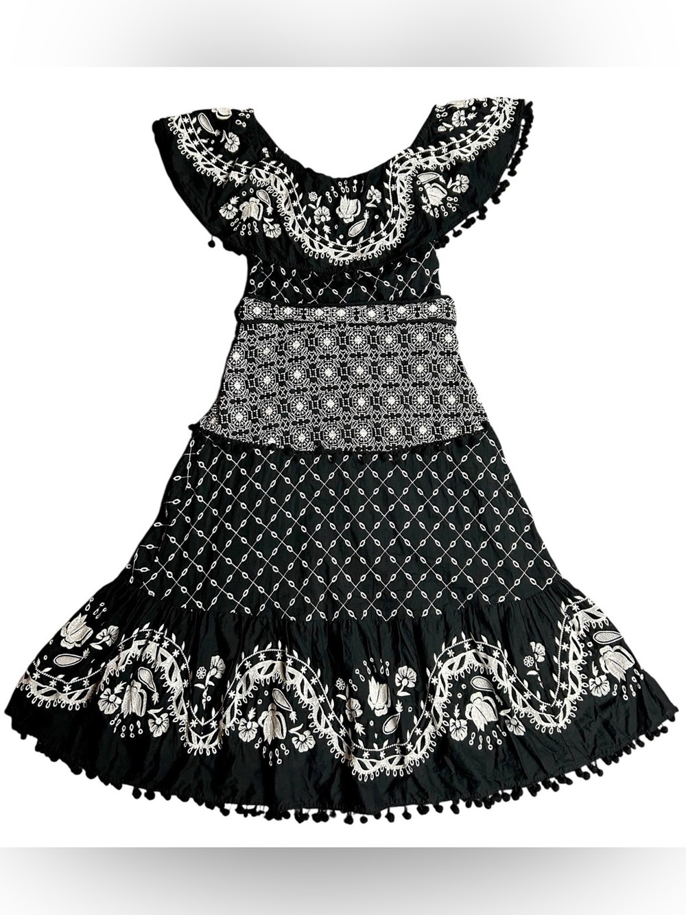 Anthropologie Marisol Off the Shoulder Dress Black White Embroidered Eyelet Sz 2